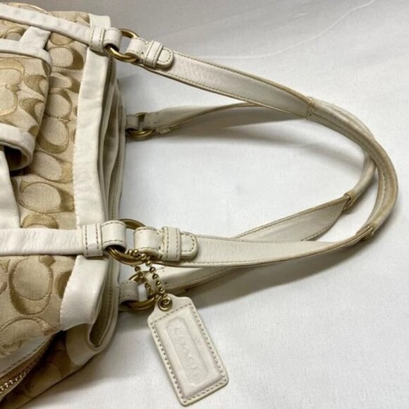 Coach Cricket 13604 Cream Tan Signature Shoulder Bag Purse Leather Trim TurnLock - Picture 8 of 15